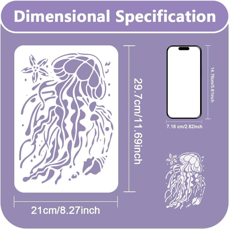 DOODLREAM Jellyfish Ocean Animal Stencil for Painting 11.7 x 8.3 Inch Reusable Plastic Jellyfish Sea Animal Template for Painting on Wall Wood Furniture Fabric Canvas DIY Craft Stencil - Image 1